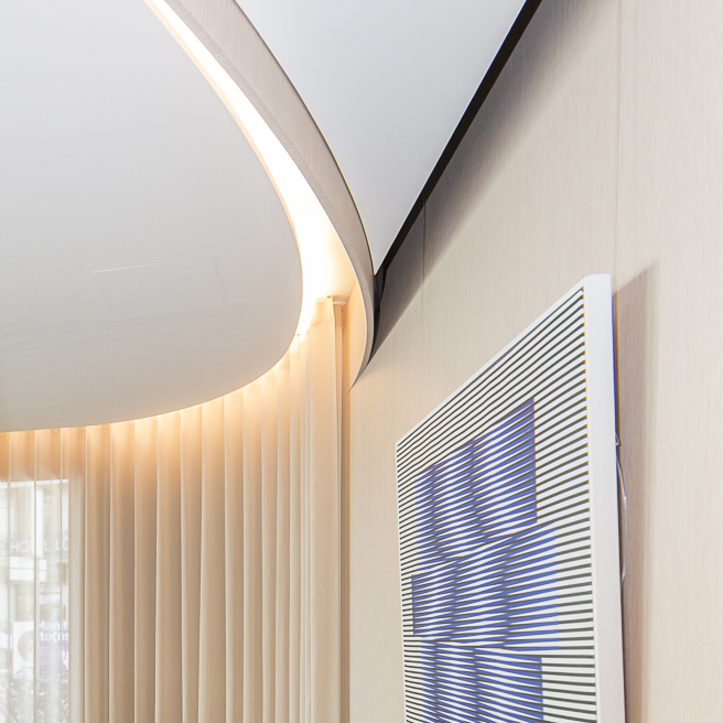 Détail du projet — plafond, lumière et œuvre d’art